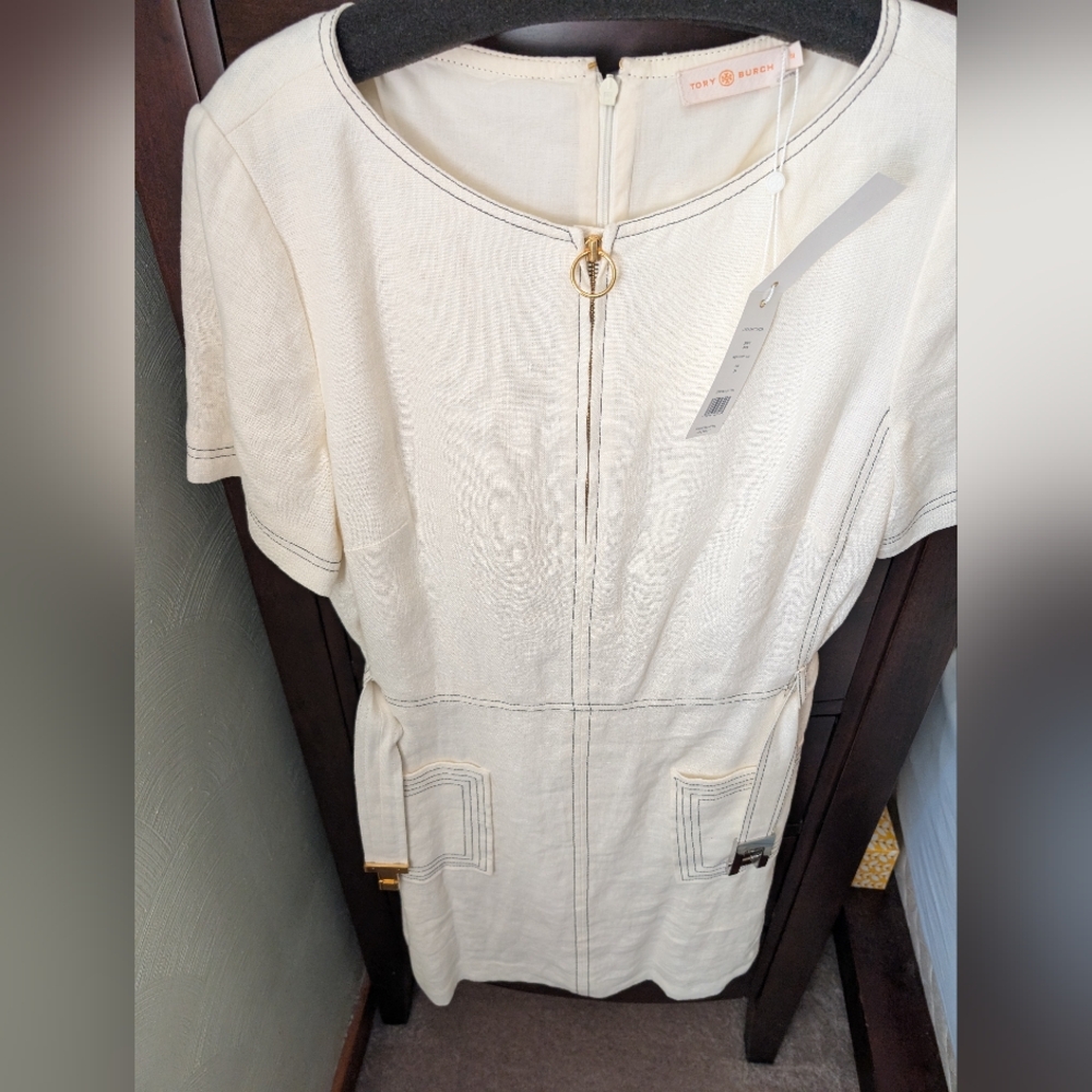 Tory Burch Cream Dress with Gold Belt. Linen.